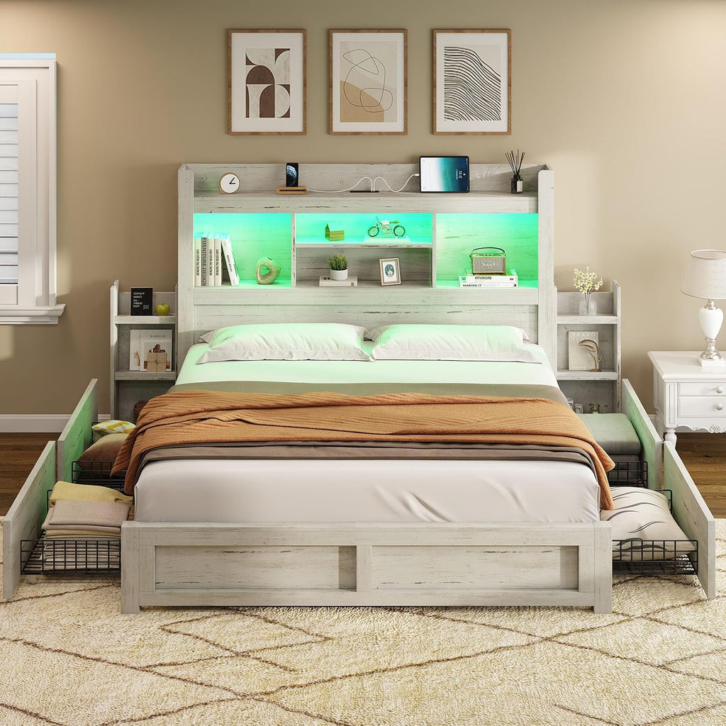 Queen Bed Frame with 4 Storage Drawer, LED Bed Frame with 49.6" Tall Bookcase Headboard, Wood Platform Bed with
