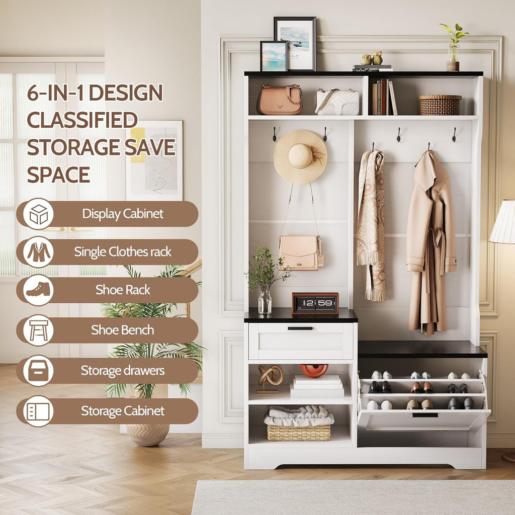 Hall Tree with Bench and Shoe Storage, 6-in-1 Entryway Coat Rack with Flip Drawer Shoe Cabinet, 7 Hooks, 4 Storage