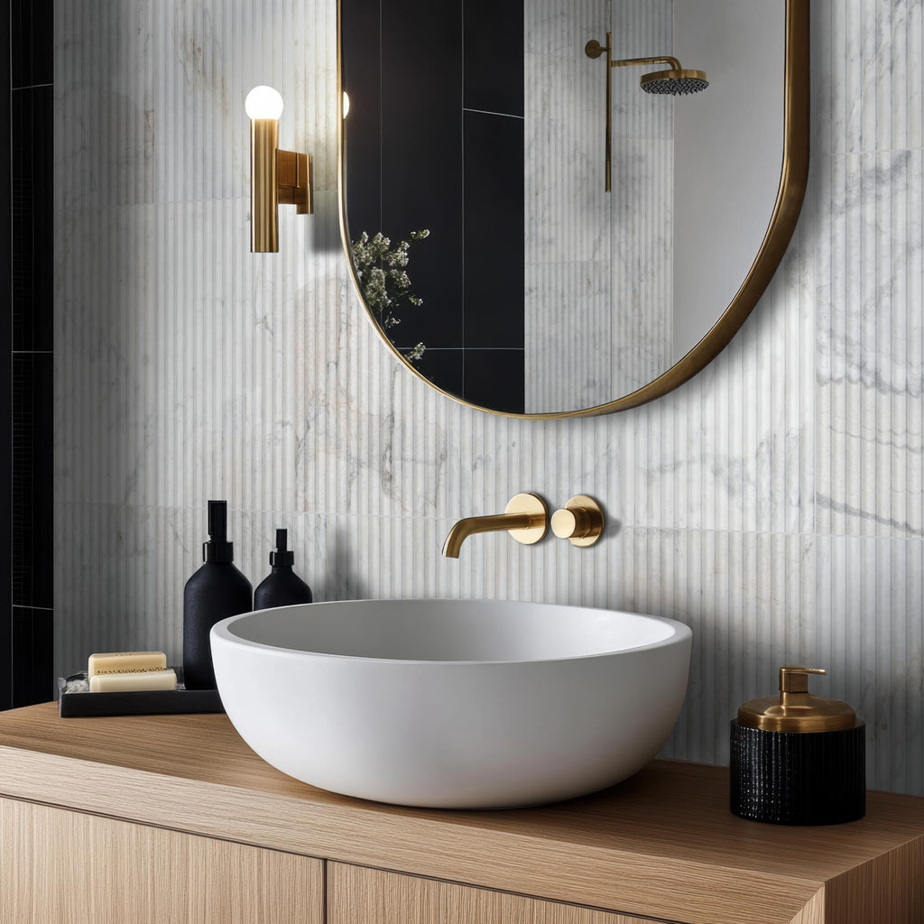 Ribbed Elegance 12x24 Honed Fluted Marble Wall Tile - Natural Stone for Shower, Fireplace, Bathroom Accent