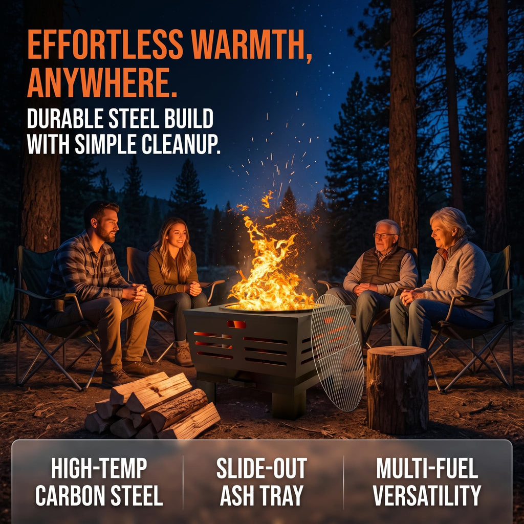 24" Heavy Duty Fire Pit with BBQ Grill, Ash Pan Drawer & Poker