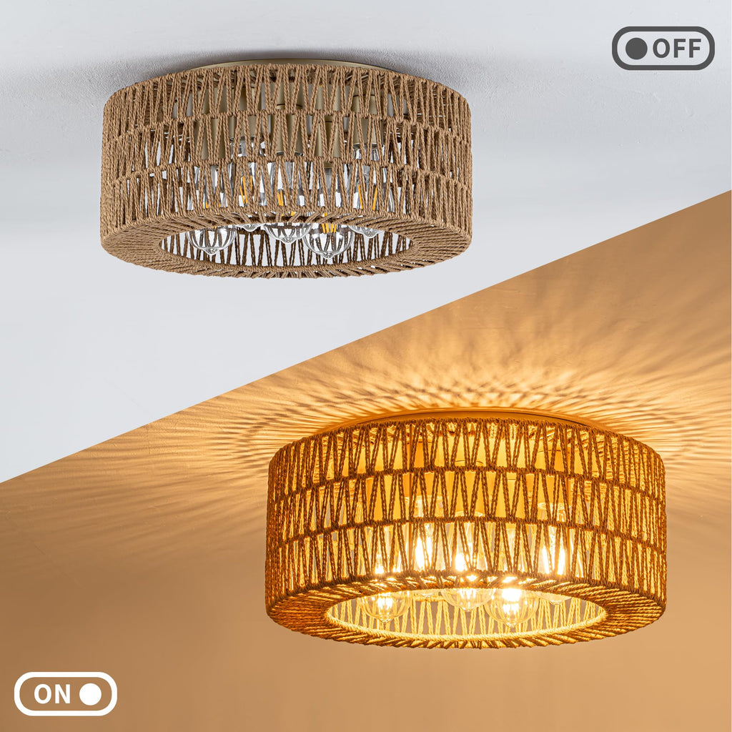 18" Rattan Light Fixture, 5-Light Boho Ceiling Light, Gold Flush Mount Ceiling Light
