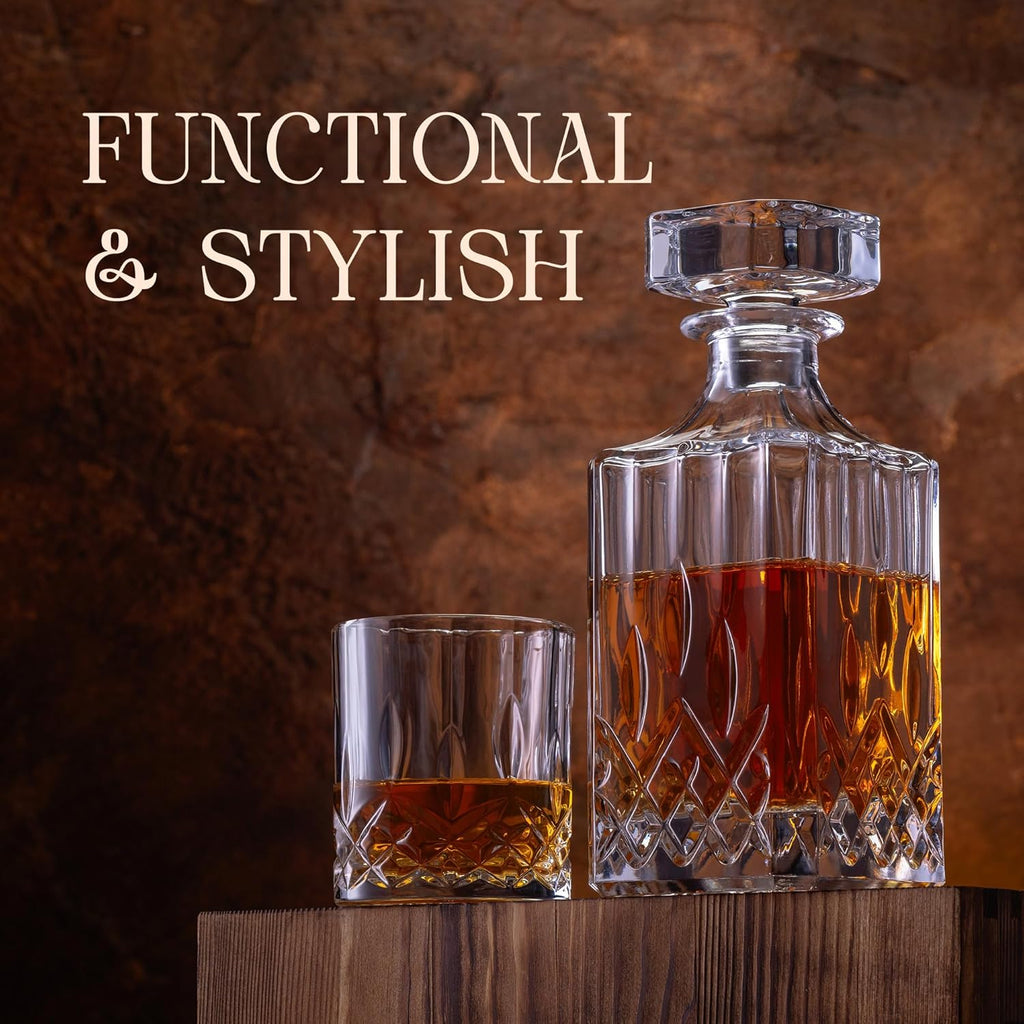 Luxury Whiskey Decanter Gift Set - 25oz Crystal Decanter, 4 Old-Fashioned Glasses, 4 Slate Coasters with Diamond