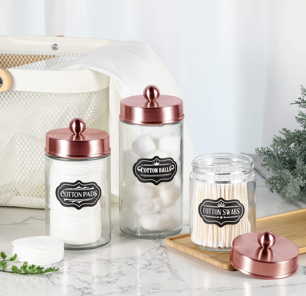 Apothecary Jars 3 Pack - Glass Bathroom Containers with Stainless Steel Lids - Rustic Farmhouse Decor Bathroom