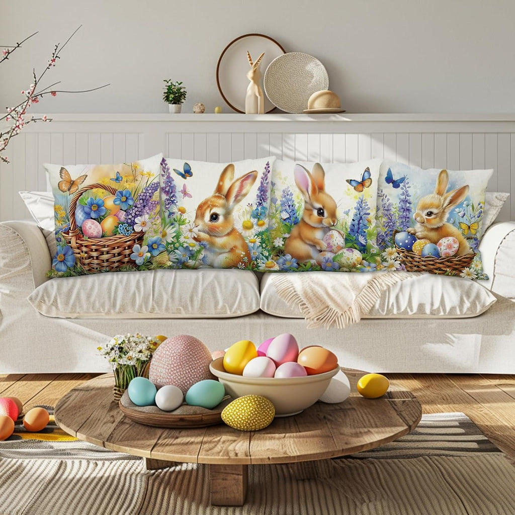 Easter Pillow Covers 18x18 Inch Bunny Eggs Throw Pillow Covers Easter Floral Butterfly Decorative Pillowcase - Set of 4