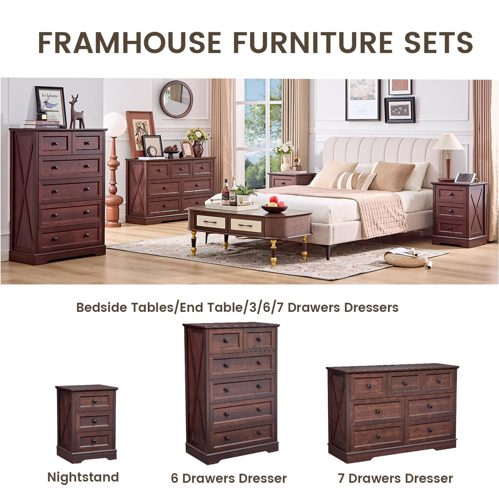 Farmhouse 6 Drawers Chests, Dark Cherry Red Wood