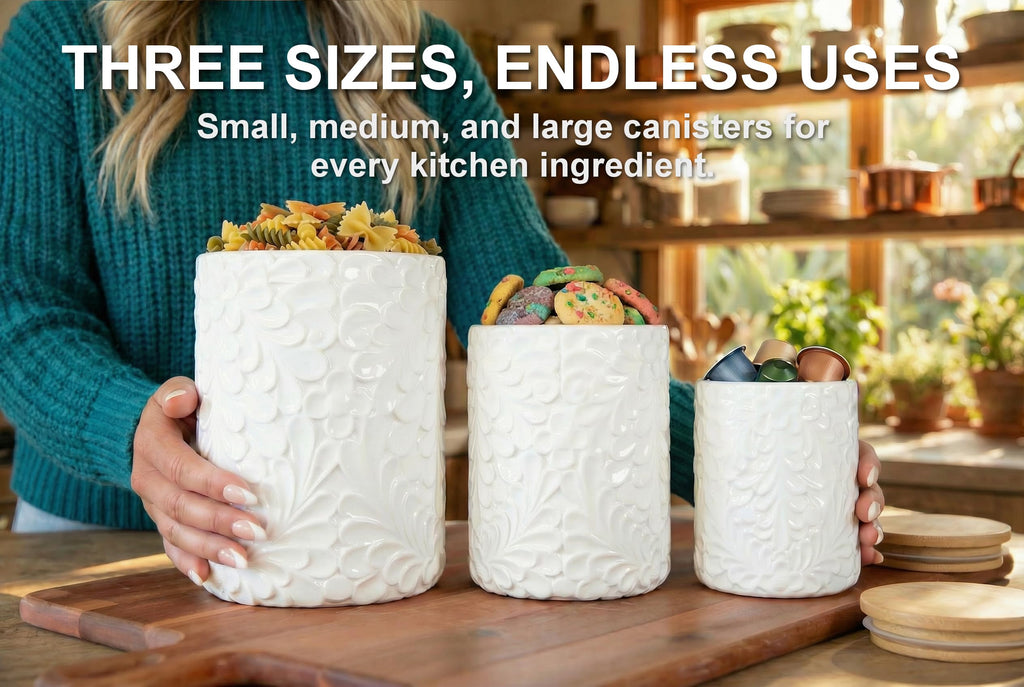 Engraved Ceramic Canisters Set of 3, 74, 36 & 18 Oz, Airtight Bamboo Lids