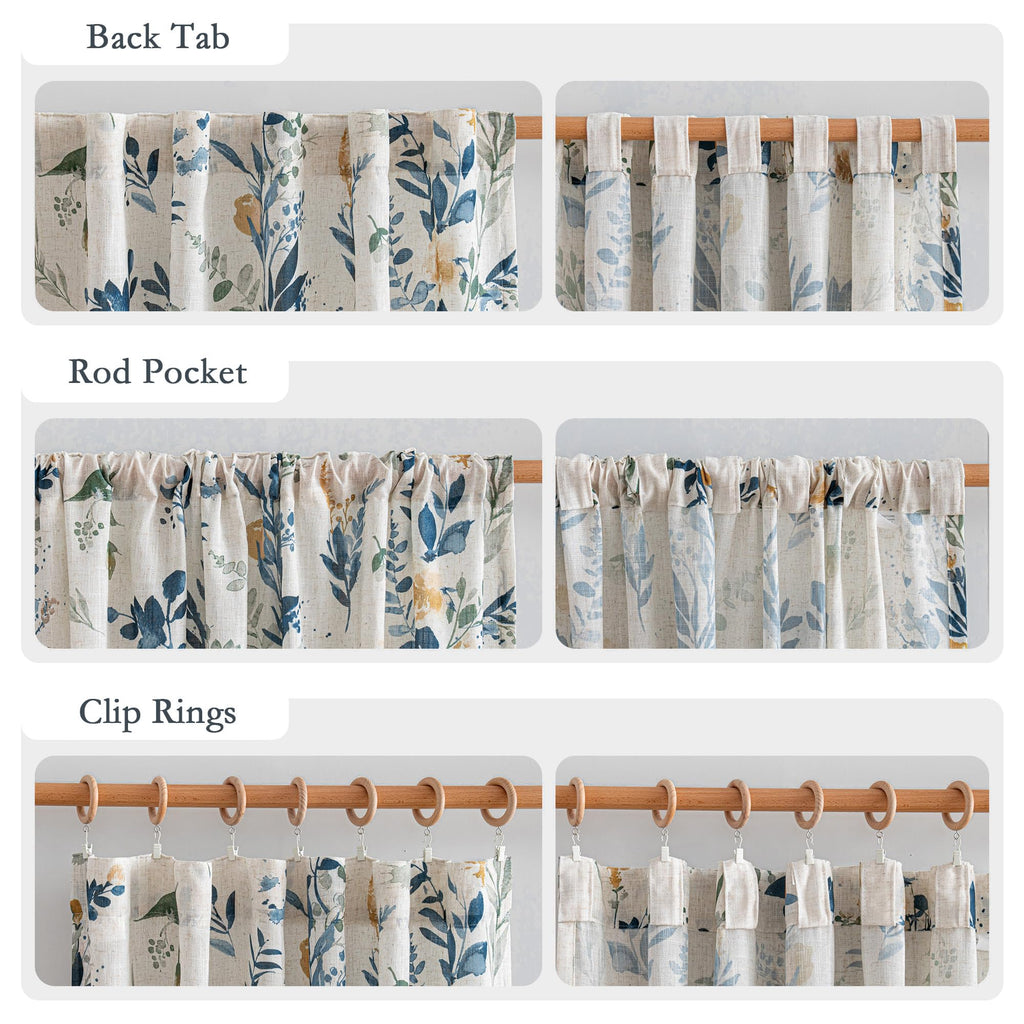 Floral Linen Curtains 84 Inch Long 2 Panels Semi Sheer