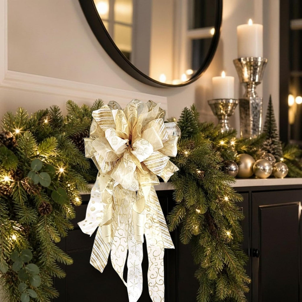 Premium Gold Christmas Tree Topper Bow with Wired Streamers - Luxury Champagne Snowflake Holiday Wreath Bow - Winter