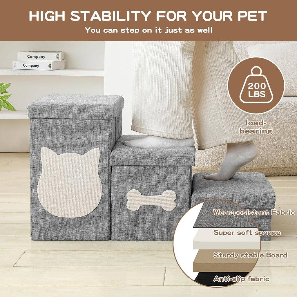 3-Step Dog Stairs for Small Dogs, Folding Dog Steps for Bed, Grey