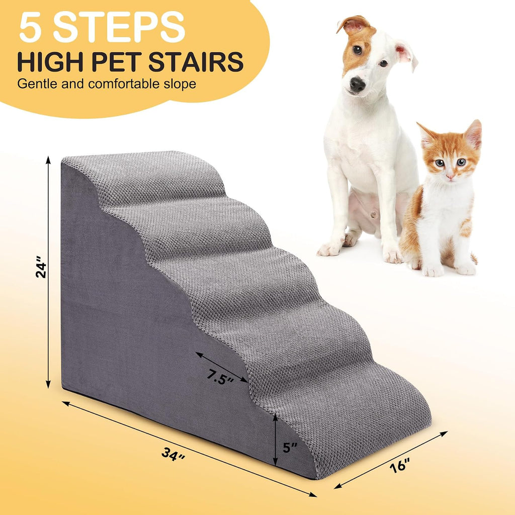Dog Stairs for Bed and Couch, Non-Slip 5-Step Pet Stairs, 24" High Sofa Foam Dog Ramp - Best for Small Pets, Dogs