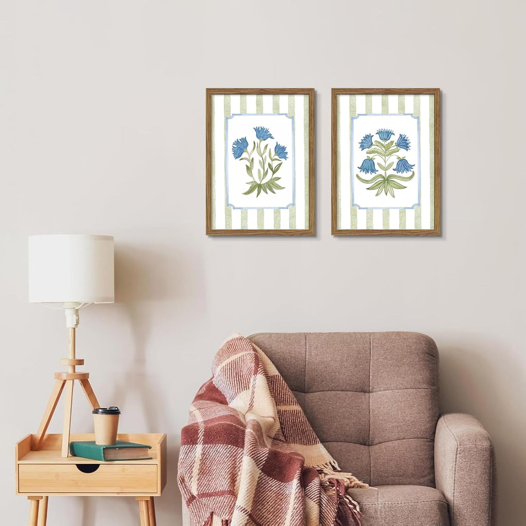 Framed Floral Wall Art Set of 2, Vintage Blue Flower Botanical Canvas Wall Decor Paintings, Cottagecore Stripe