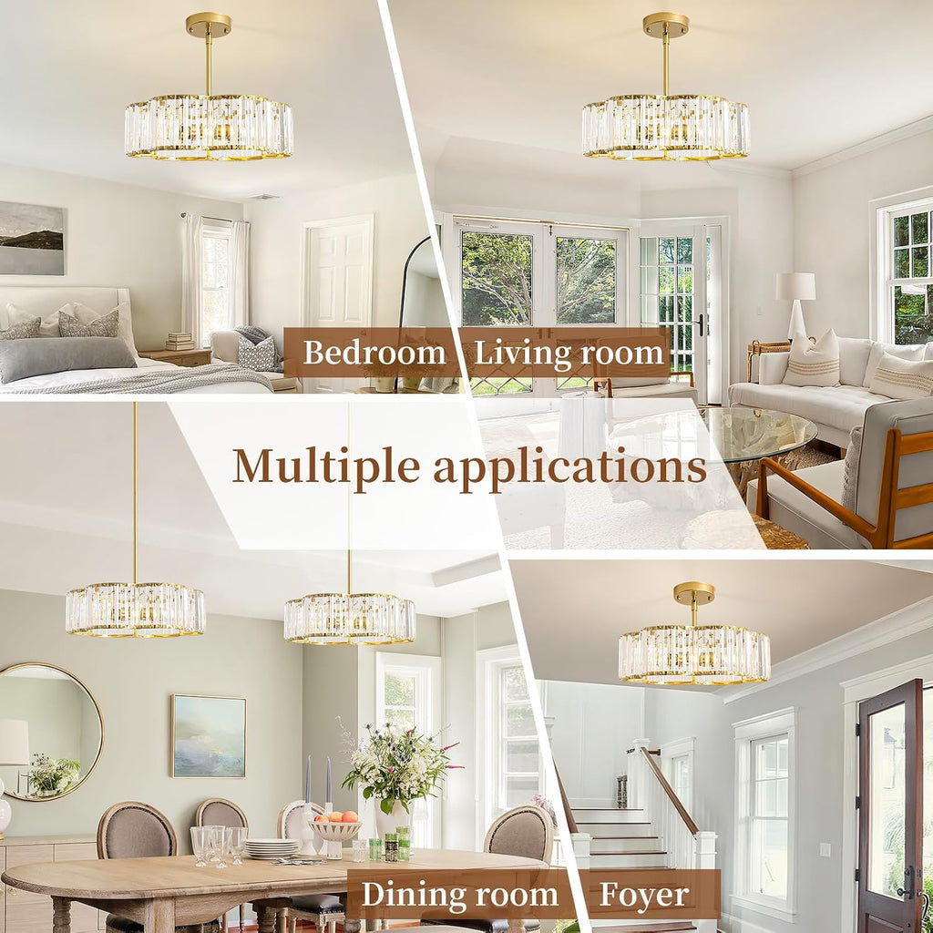 Modern Gold Crystal Chandelier for Dining Room 16 Inch | Semi Flush Mount Ceiling Light Fixture 3-Light,Round Kitchen