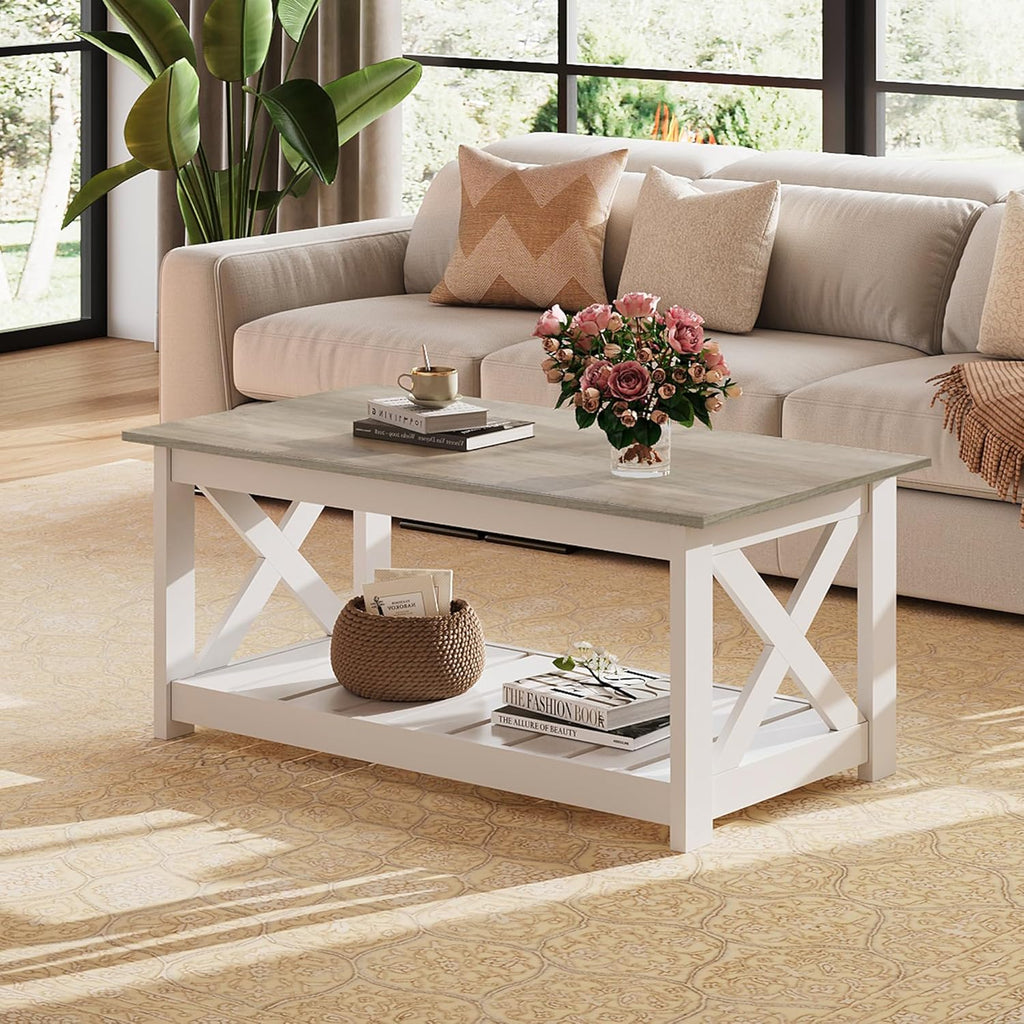 Farmhouse Coffee Table, 40.1" Rustic Center Table with X-Frame Support & Storage Shelf