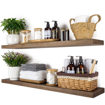 36 inch Walnut Floating Shelves for Wall Set of 2, Solid Real Wood Rustic Mount Shelves Bedroom Kitchen Farmhouse