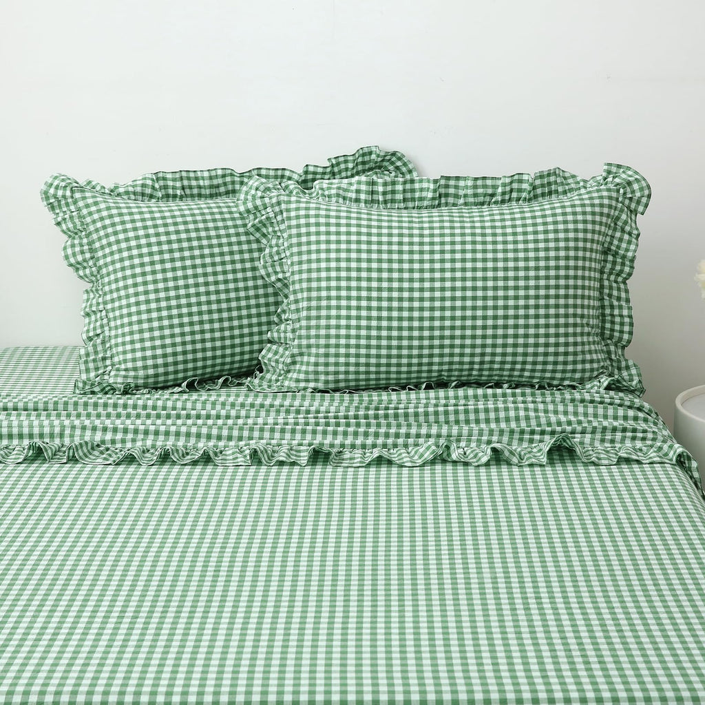 Green White Gingham Ruffle Sheets 4-Piece Set