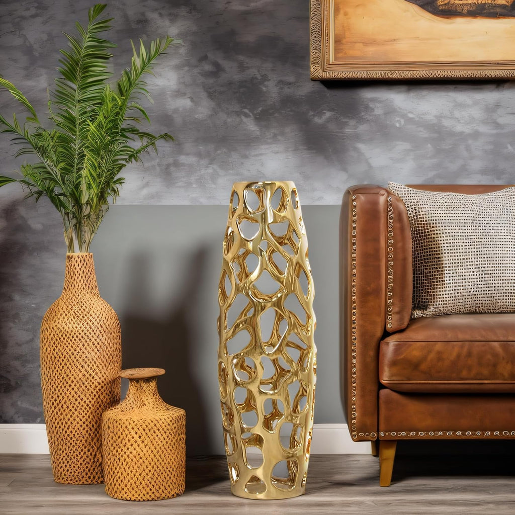 Large Modern Ceramic Floor Vase 24'' H Gold | Handmade Flower Holder Hand Carved Sophisticated Vessel for Decorative