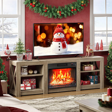 70" Farmhouse Fireplace TV Stand for 80 Inch TVs, Gray Oak