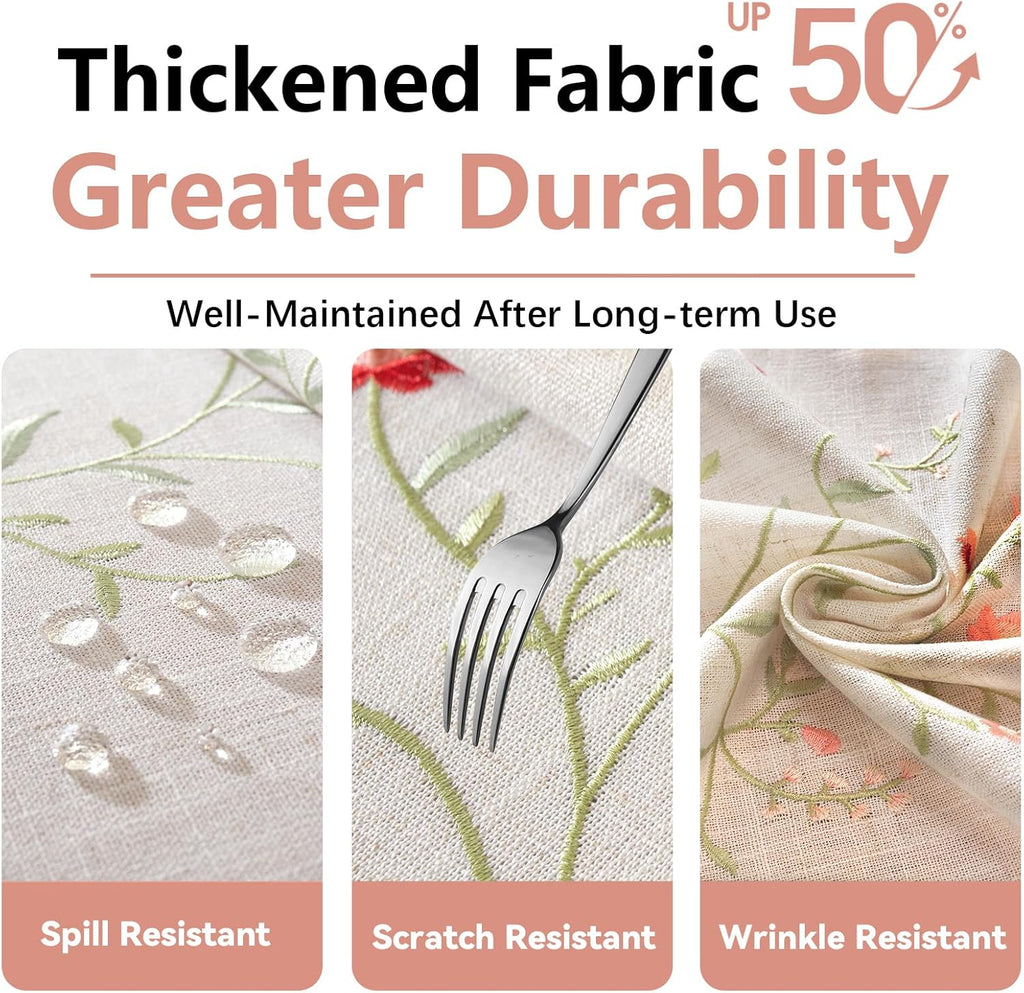 Summer Pink Floral Table Cloth Rectangle Table, Embroidery Heavy Duty Cotton Linen Tablecloth, Farmh