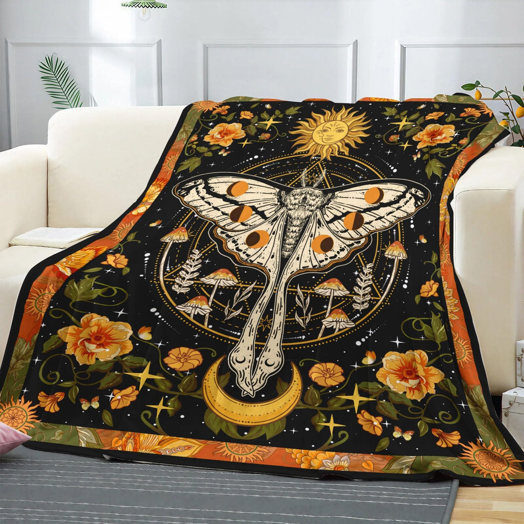 Orange Moth Throw Blanket, Retro Boho Flower Butterfly Sun Moon Star Aesthetic Cozy Decor Nap Blankets Gift Sofa Bed