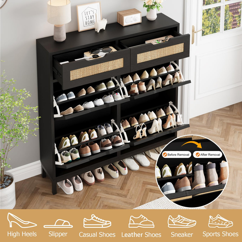 Rattan Shoe Cabinet, Boho Shoe Storage Cabinet with 4 Flip Drawers and 2 Drawers, Narrow Freestanding Shoe Rack with