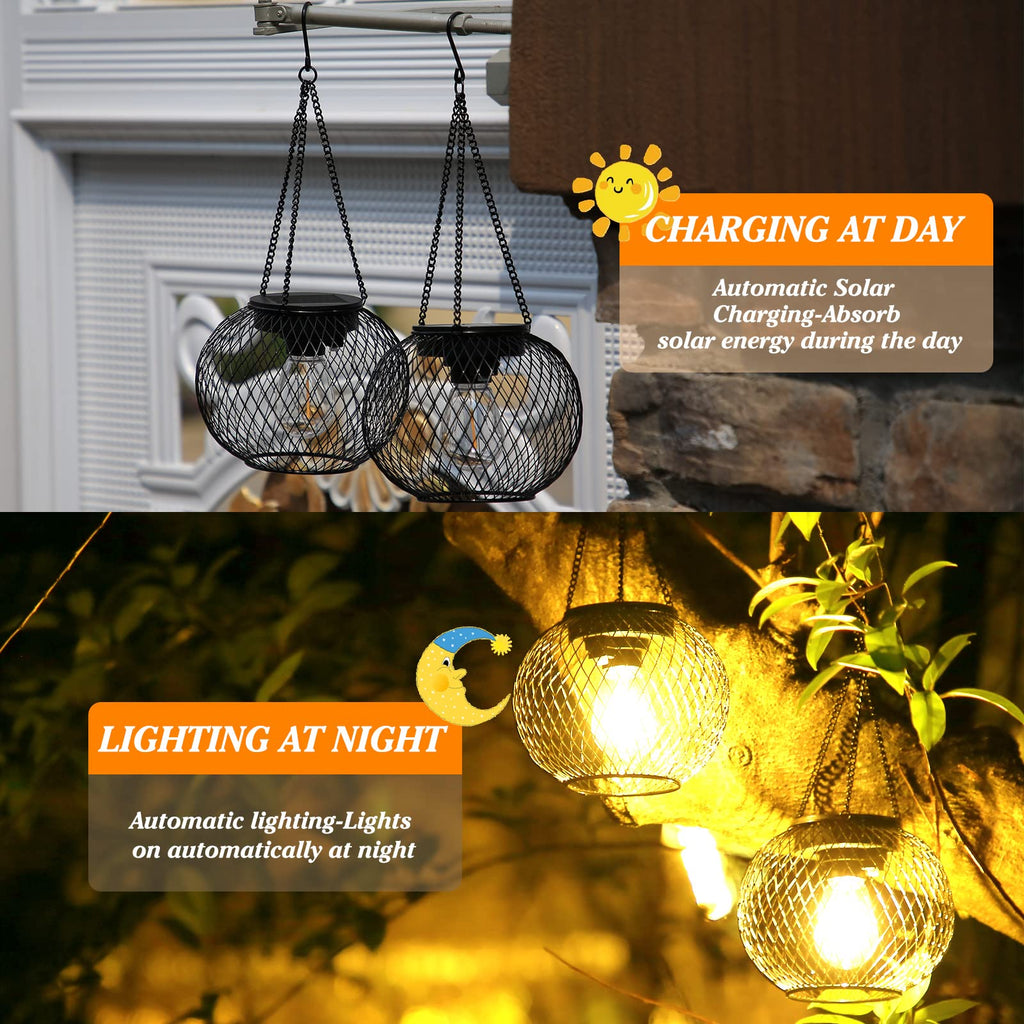 Solar Lantern Outdoor Waterproof, Hanging Solar Lights, 2 Pack, Black