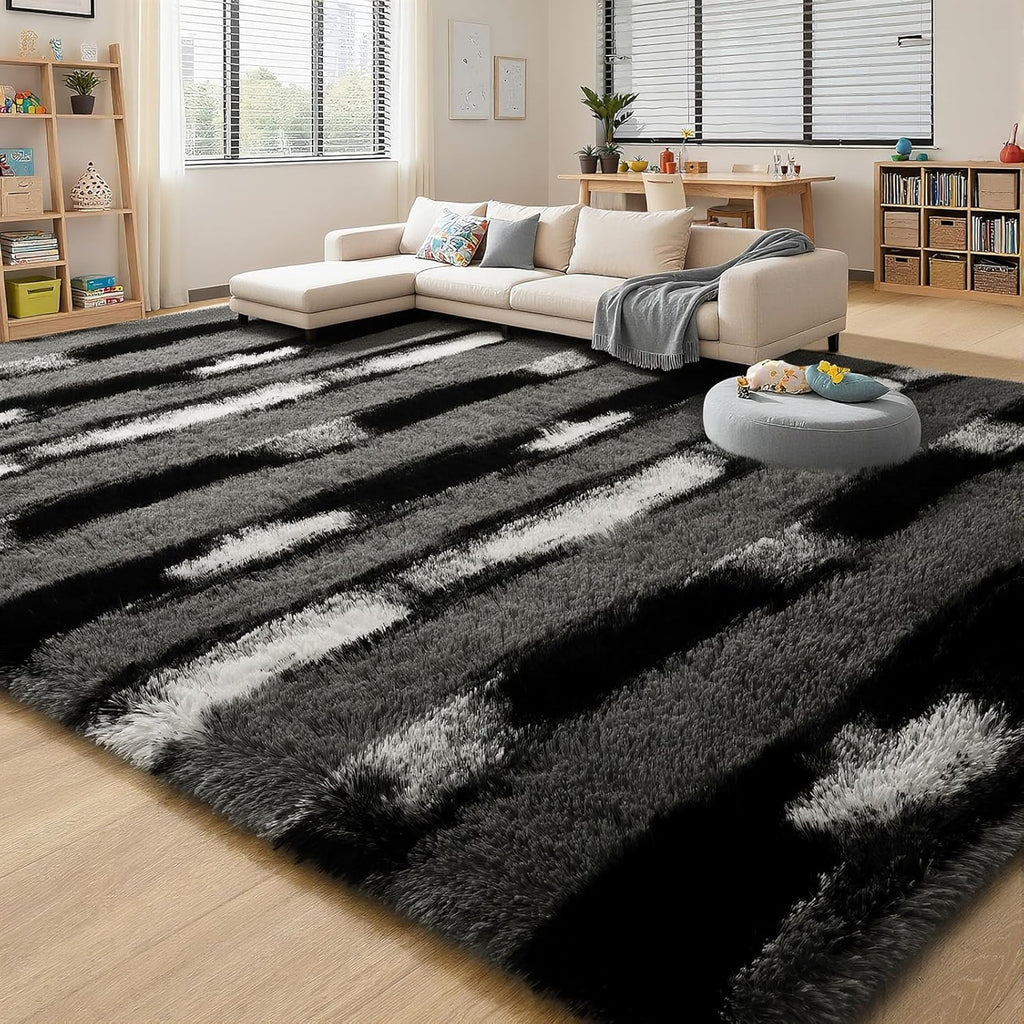 Fluffy Area Rugs for Bedroom Living Room, 4x6 Black and Grey Soft Plush Striped Rug, Modern Indoor Non Slip Washable