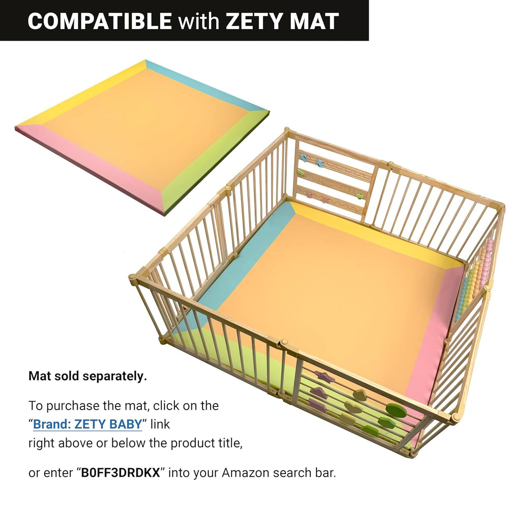Natural Wood Baby Playpen - 8 or 10 Panel Foldable Play Yard with Door Panel and Built-in Toys, CPC Certified & SGS