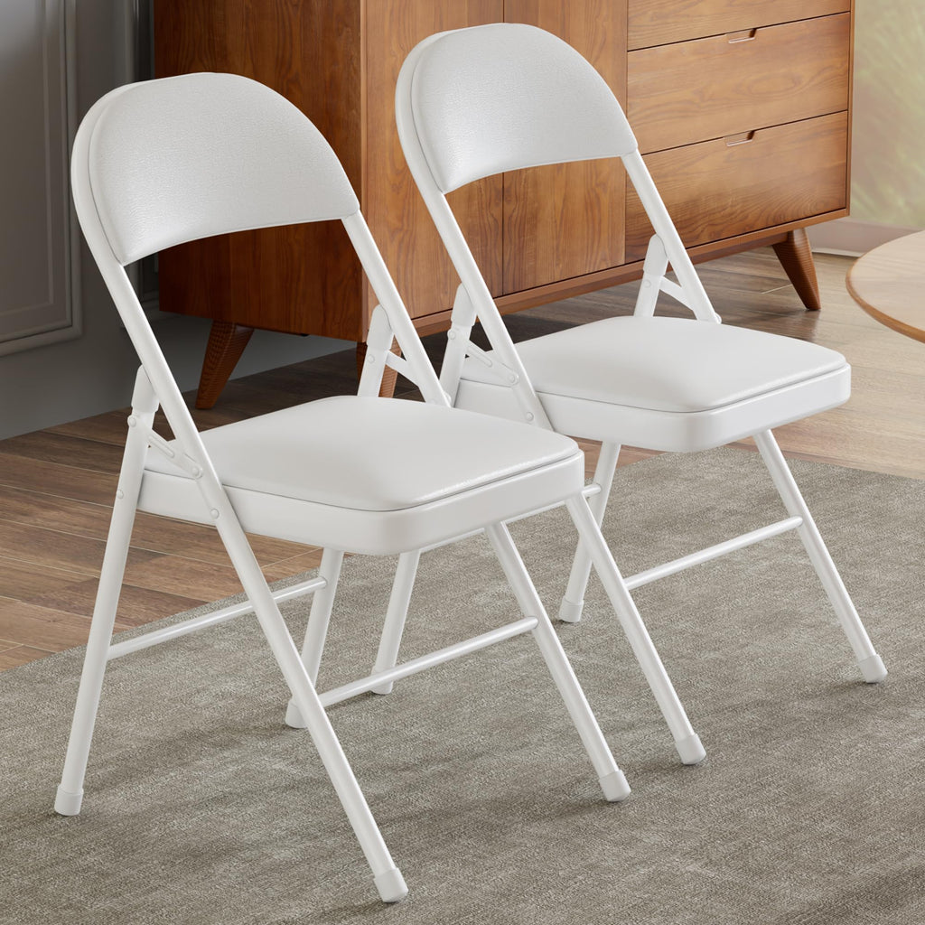 Folding Chairs Set of 2, Faux Leather Padded, White