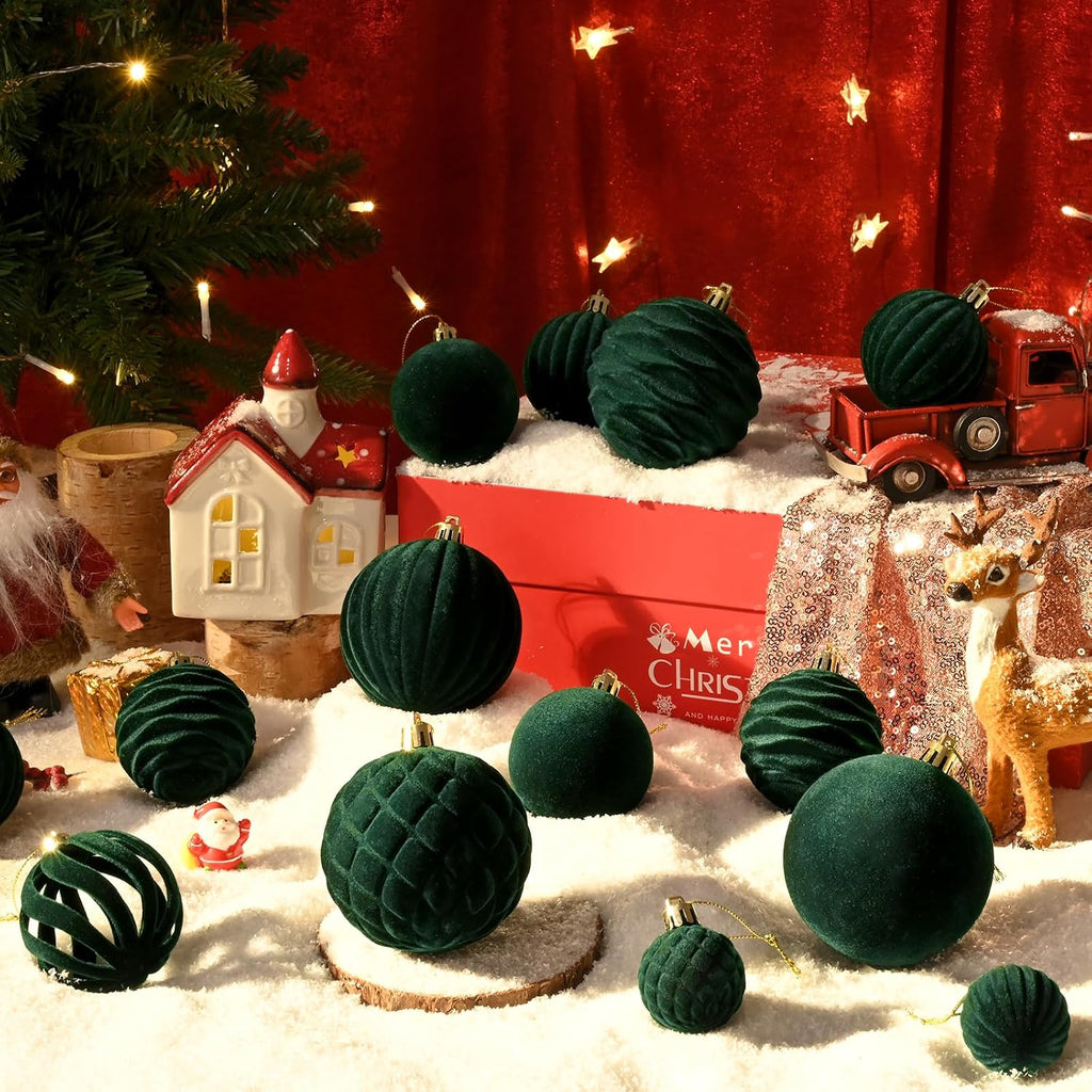 Velvet Ornaments Dark Green Flocked Christmas Ornaments Shatterproof Hanging Ball Set for Xmas Winter Holiday - Set of 38