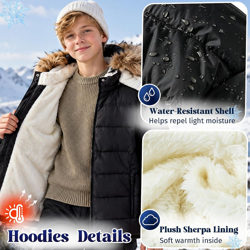 Boys Winter Coat Fur Hooded Puffer Jacket Fleece Line