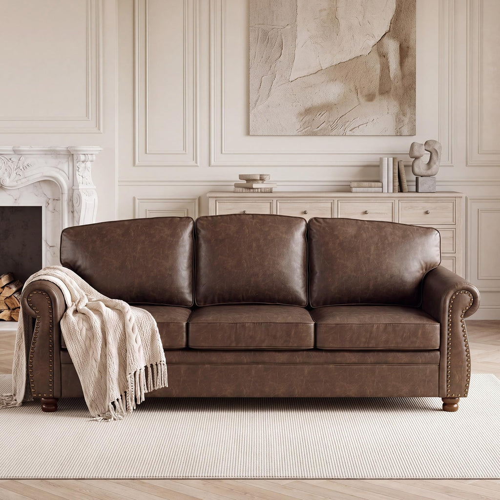 Traditional Faux Leather Couch Sofas, 91.3", Dark Brown