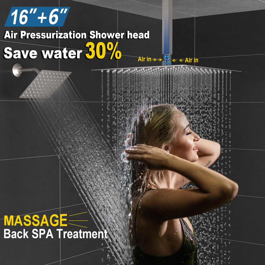Thermostatic Dual Head Shower System, 16" + 6" Dual Rainfall Shower System (Can All Run Together & Volume Adjustable)