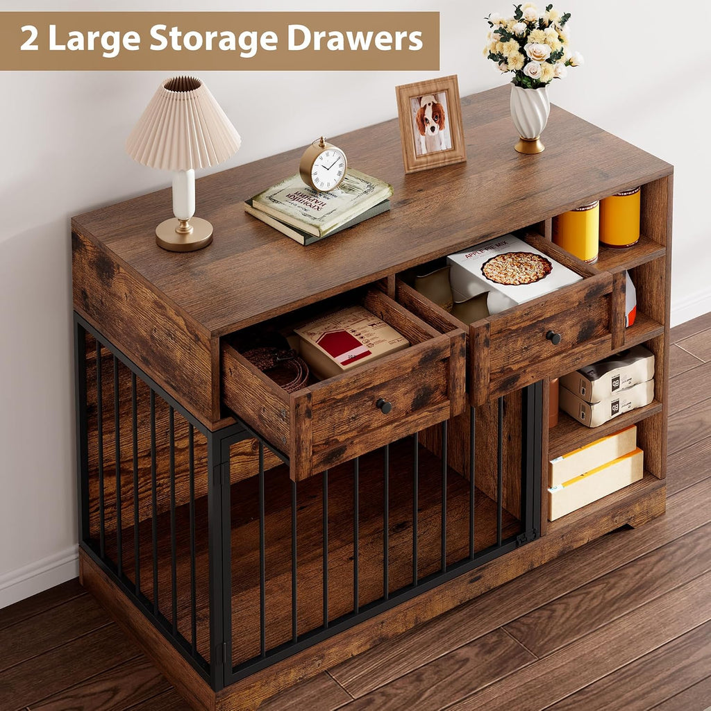 47.2" Dog Crate Furniture with 2 Drawers and 4 Shelves, Wood Dog Crate TV Stand, Large Dog Kennel Indoor for Small