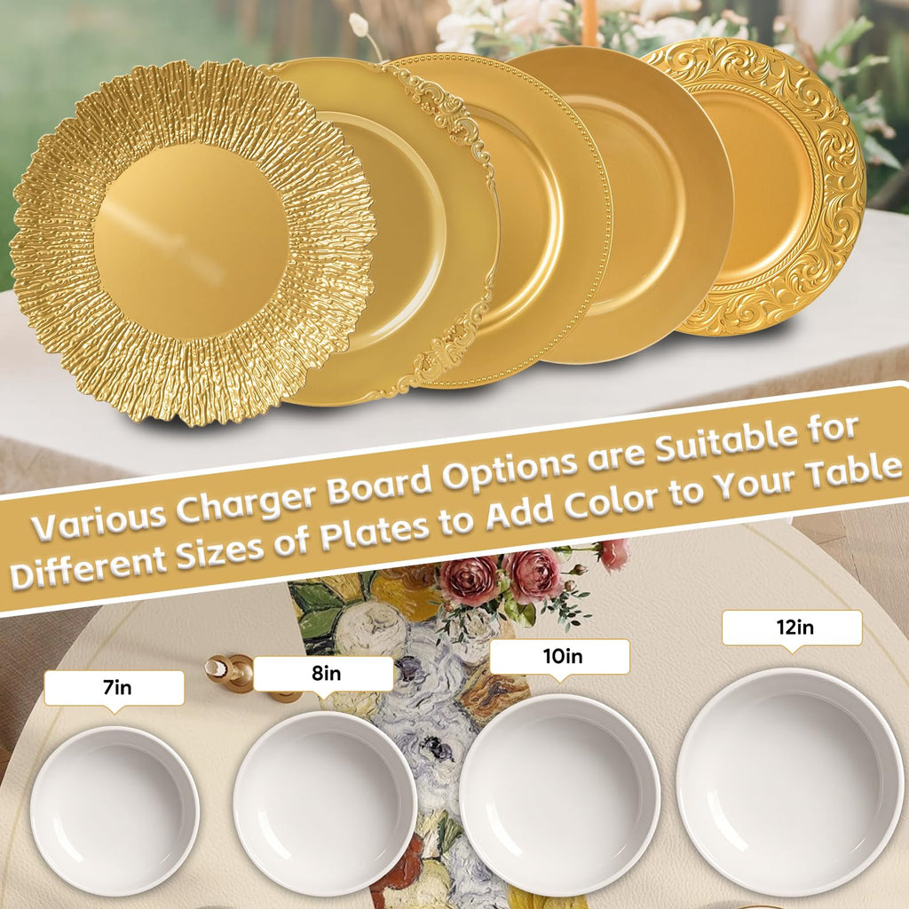 12 Pcs Gold Chargers for Dinner Plates, 13" Reusable Reef Serving Gold Chargers, Round Plastic Shiny Decorative