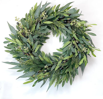 24 Inch Olive Wreath for Front Door, Artificial Greenery Wreath
