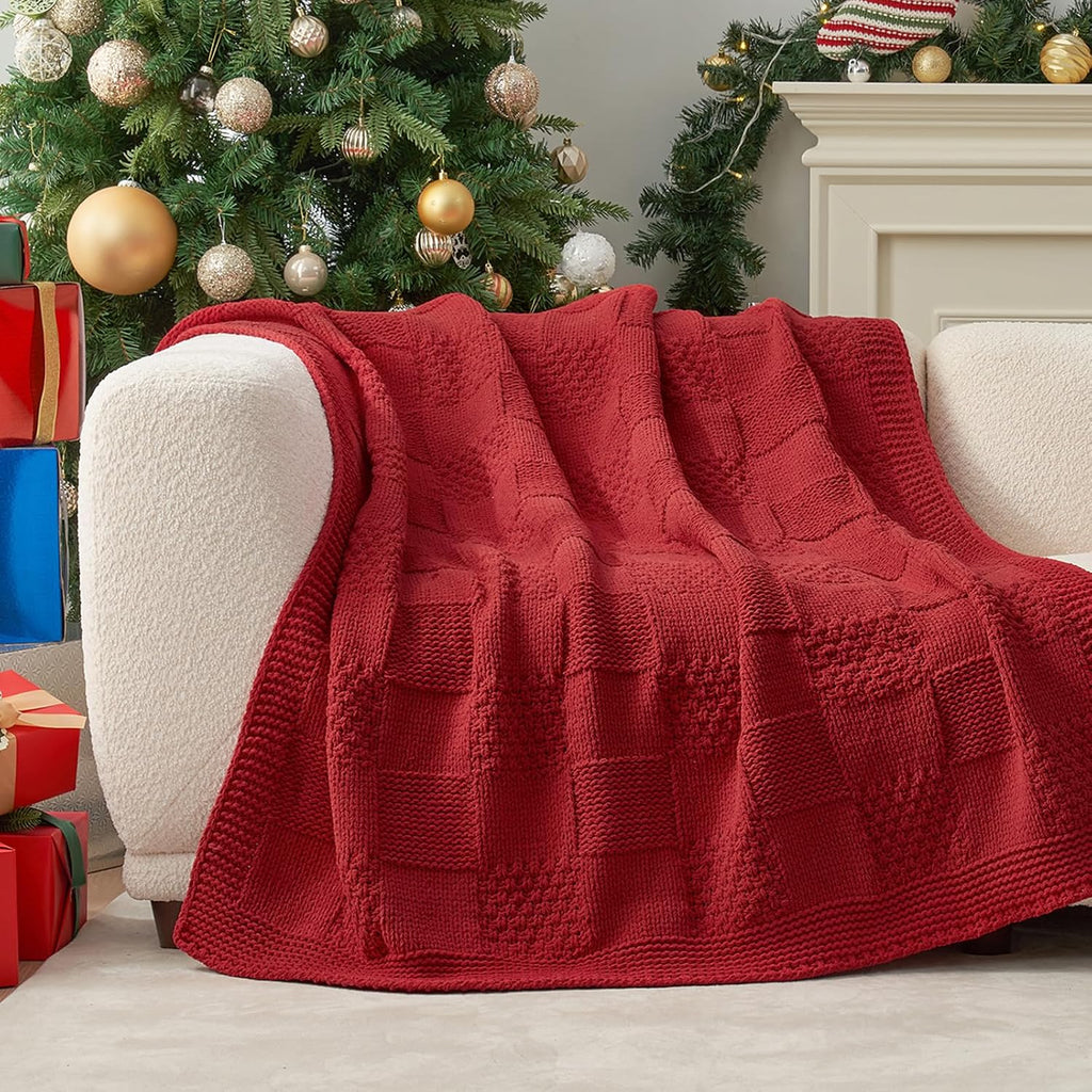 Checkered Knit Throw Blanket for Couch, Christmas Red, 50"x60"