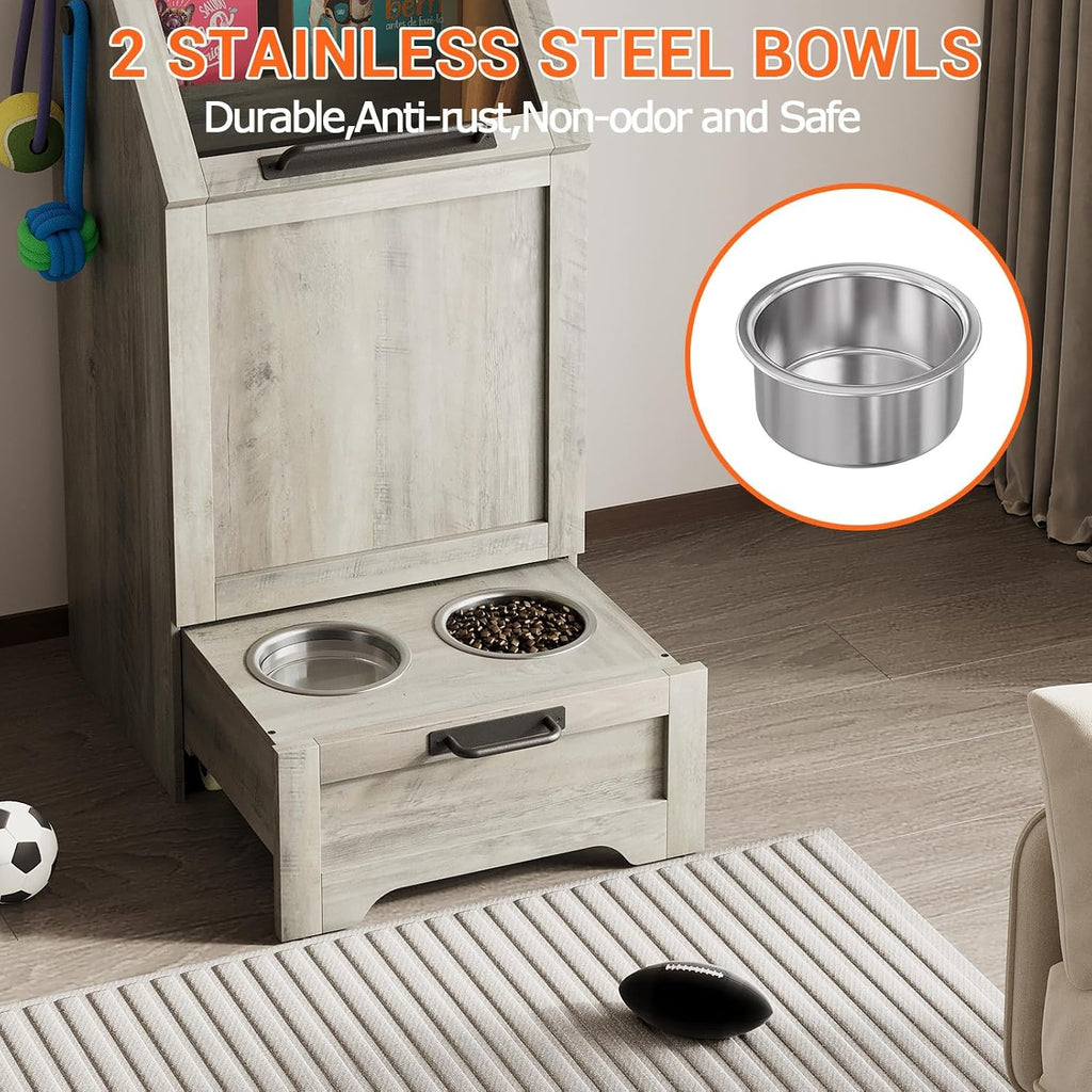 Dog Feeding Station, with Pet Feeding Station, Flip Top Dog Food Storage Cabinet, 2 Elevated Bowls, Includes 3 Hooks