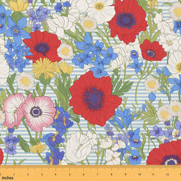 Poppy Floral Fabric By The Yard, Garden Flower Branches Upholstery Fabric