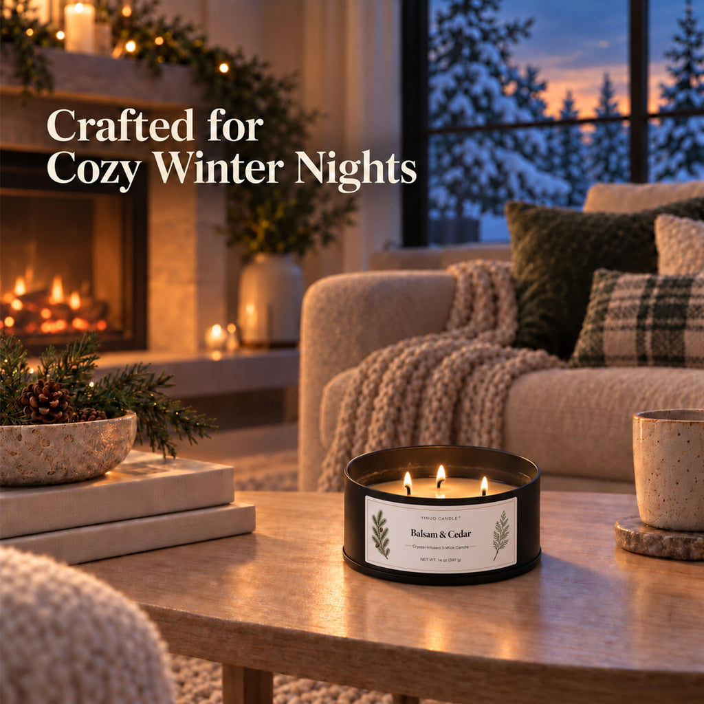 Balsam & Cedar Scented Candles, 14 oz 3-Wick Crystal-Infused