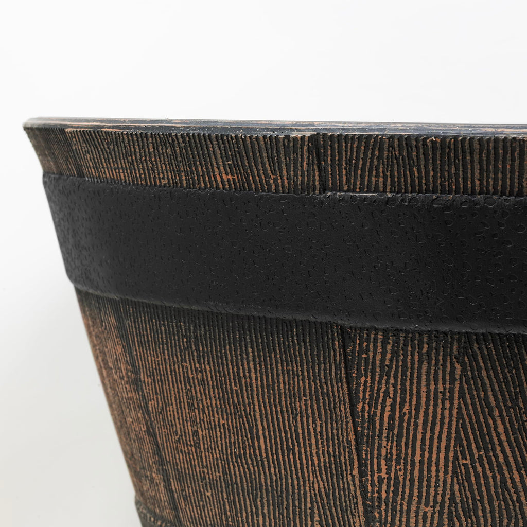 Timberline Rustic Barrel-Style Round Planter, 18in - Brown, Wood-Inspired Finish for Outdoor Patio and Garden Spaces