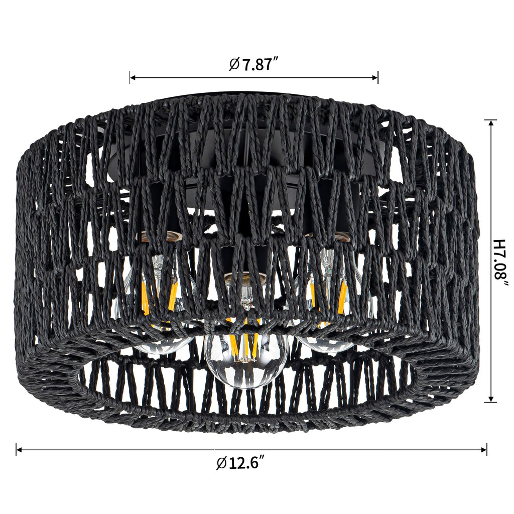 Rattan Ceiling Light Fixture, 3-Light Bohemian Modern Woven Ceiling Light, Black Boho Flush Mount Ceiling Light