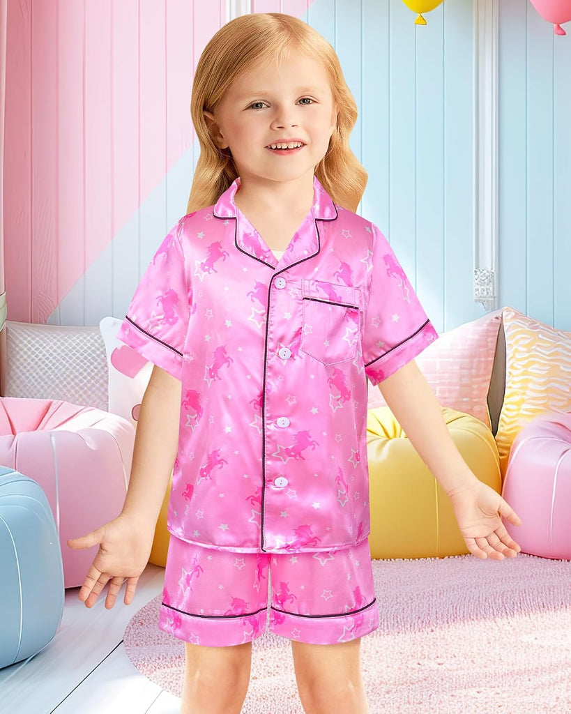 Kids Girls Pajama Set Silky PJS Button-Down Sleepwear Nightwear Loungewear Clothes Set Gifts
