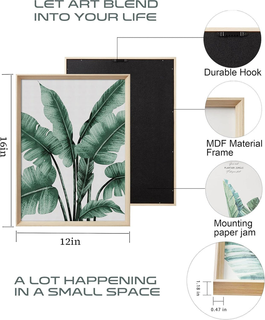 Framed Wall Art(No Plexiglass), Abstract Green Palm and Eucalyptus Leafs Canvas Wall Art, High-end 16x12in Wood Wall
