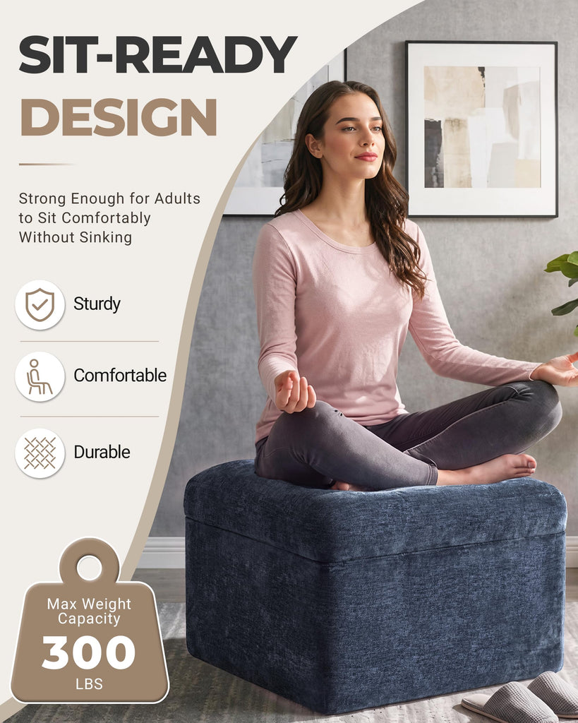 23.6in Pouf Ottoman, Chenille Ottoman Foot Rest with Dual‐Layer Support, Large Plush Pouf with Soft Chunk‐Foam Top &