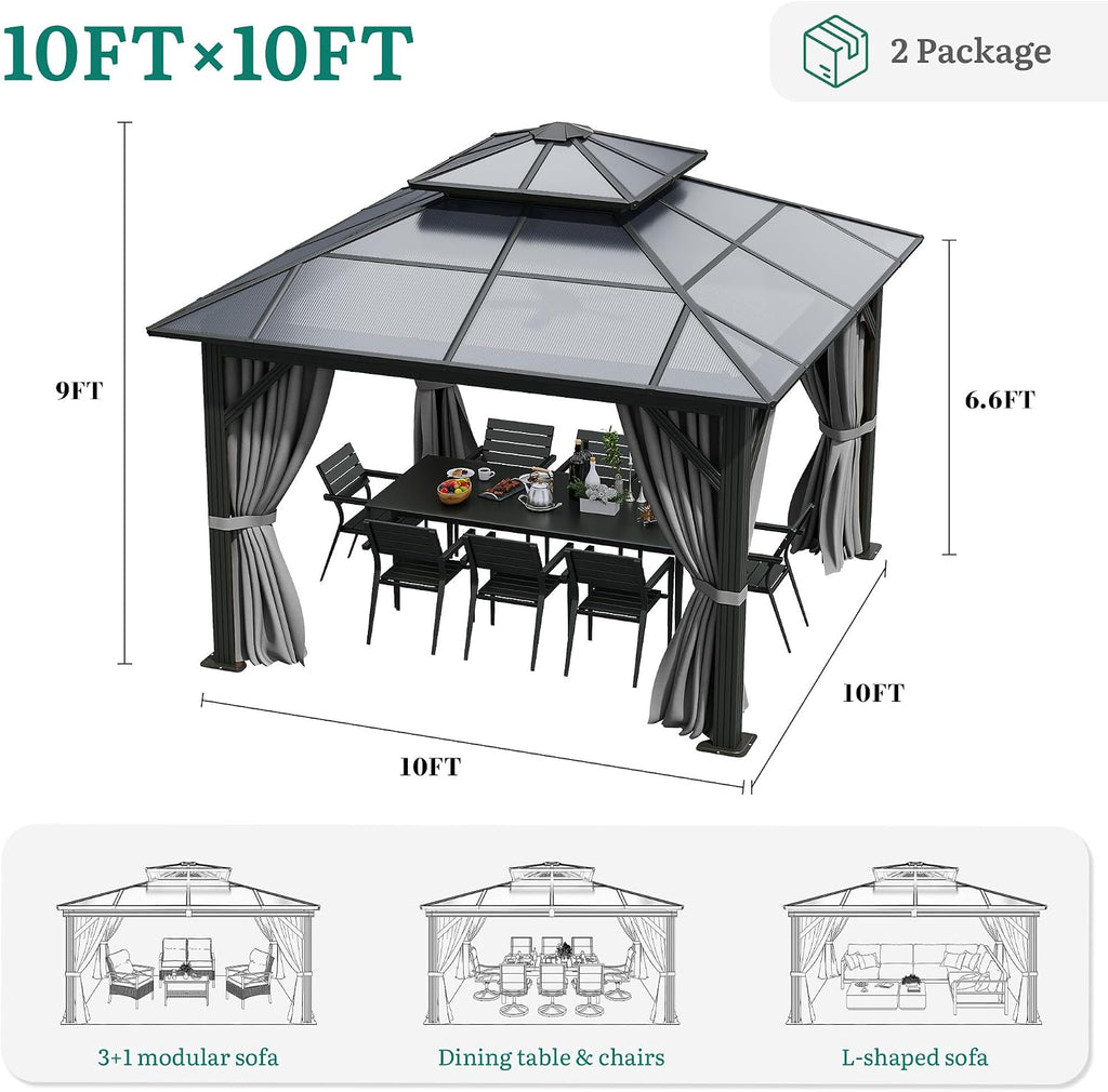 10x10FT Gazebo Polycarbonate Hardtop Double Roof Canopy Outdoor with Netting and Shaded Curtains