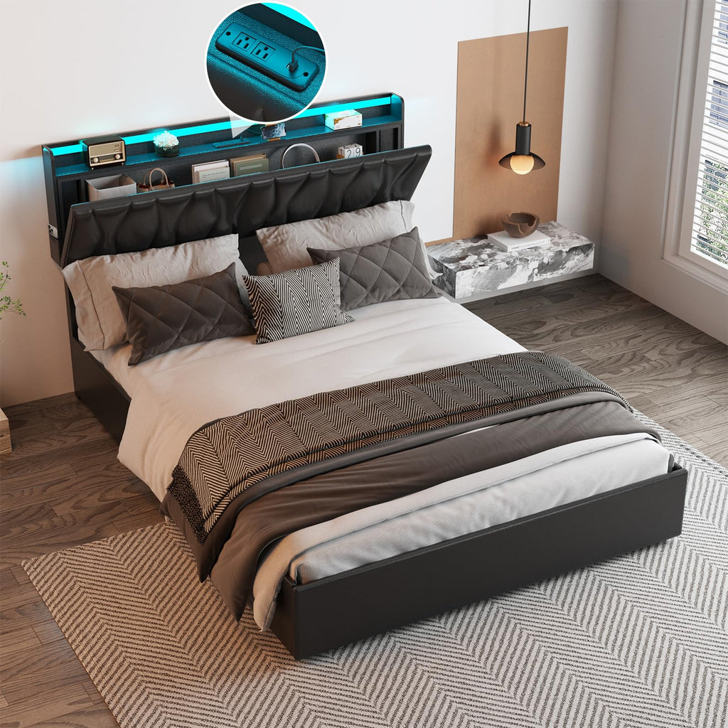 Queen Size Lift Up Storage Bed Frame with Adjustable Headboard, Charging Station, LED Lights, Wood Slats, Noise-Free
