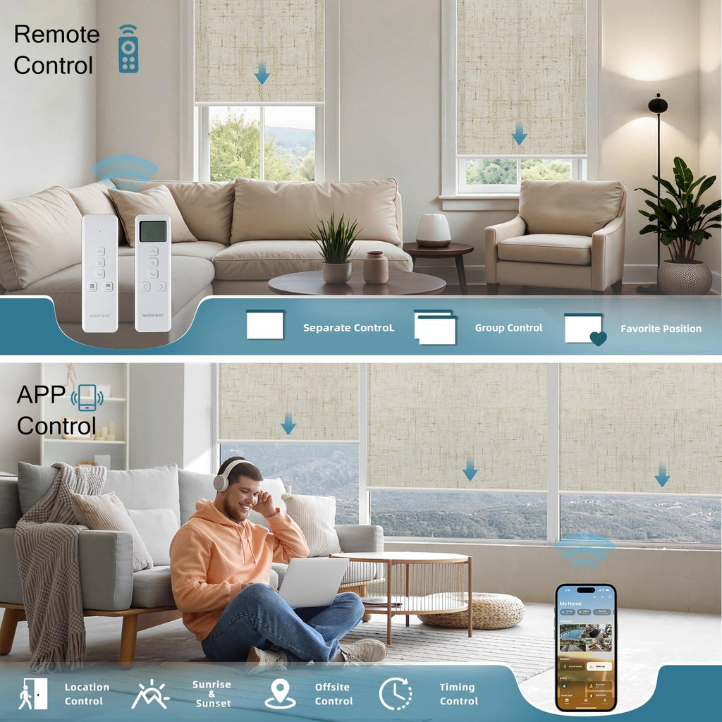 Motorized Roller Shades, Light Filtering Linen Sand
