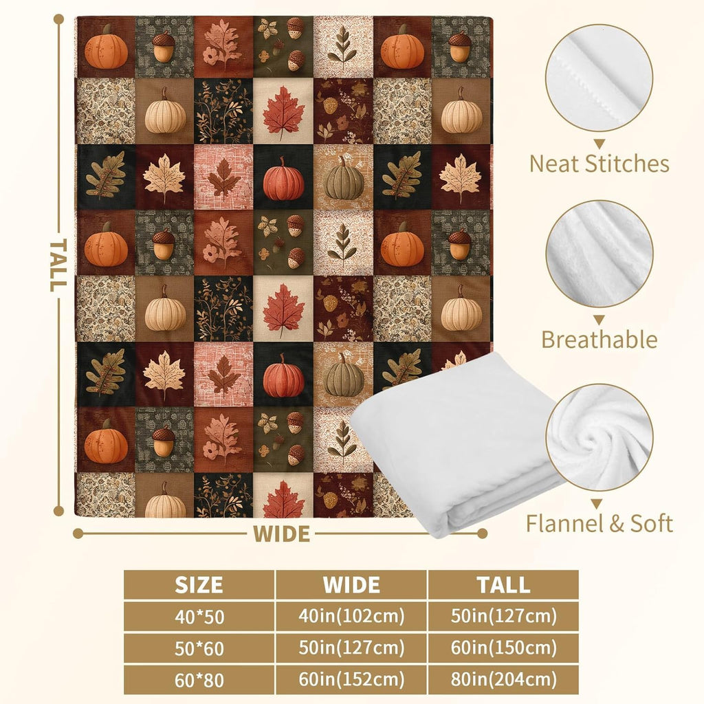 Fall Blanket 60"x80" Autumn Plaid Pumpkin Maple Leaves Acorns Throw Blankets Seasons Soft Warm Cozy Lightweight