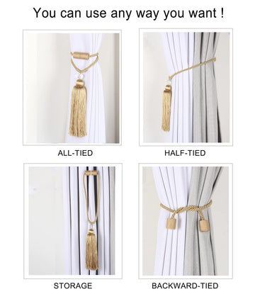 Magnetic Curtain Tiebacks Tassel Ties Backs Holdbacks Rope Convenient Drapes Handmade Home Office Decorative (Gold)