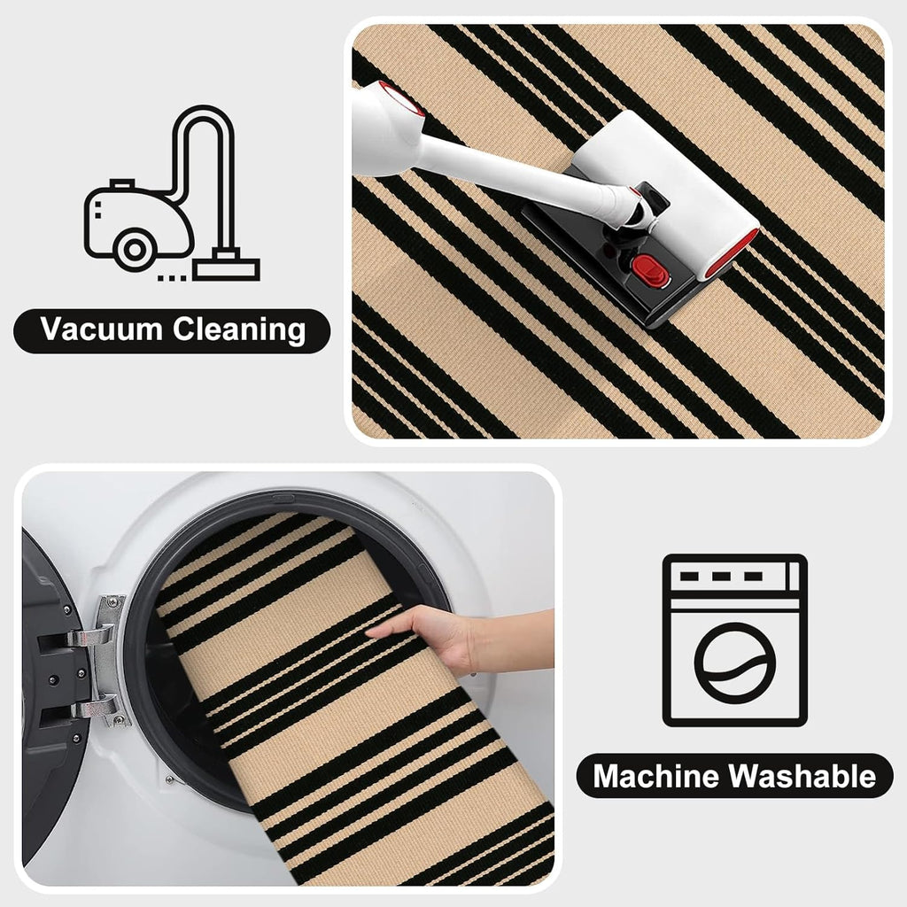 Outdoor Patio Rug 5'x7', Black and Tan Striped Outdoor Rugs Machine Washable Area Rugs Cotton Hand W